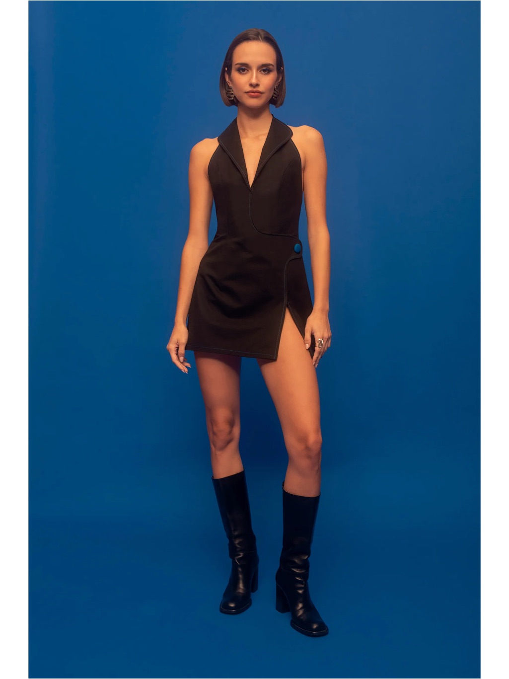 Santos By Monica Penelope Halter Dress In Black Mini Retro Electric Blue Accent — image 3 of 8